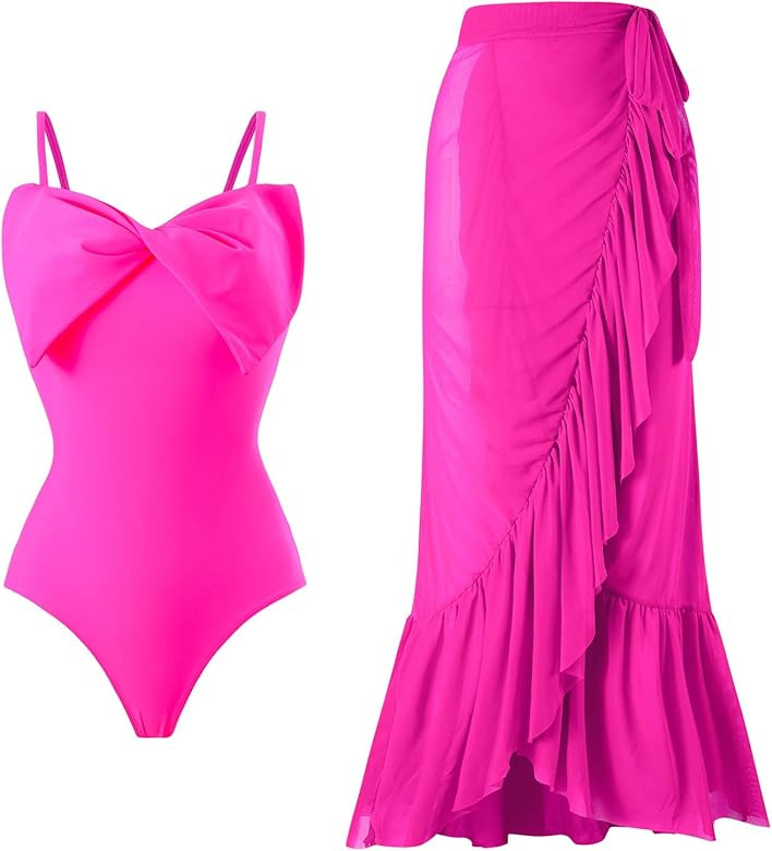 IDOPIP Women's One Piece Swimsuit with Beach Cover up Wrap Skirt Sarong Retro Floral Print Bikini... | Amazon (US)