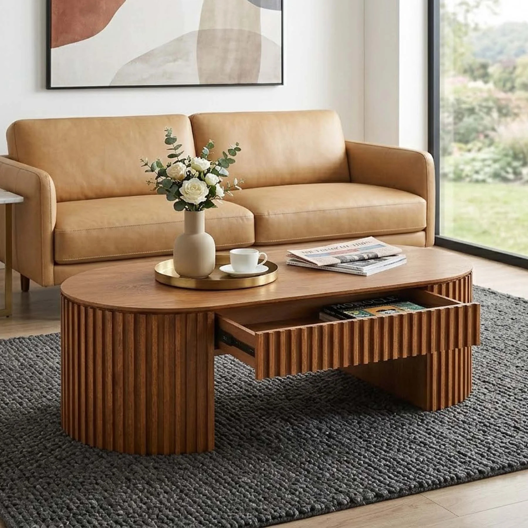 Mid Century Fluted Oval Coffee Table with Storage Drawer for Sofa Area and Lounge Space | Wayfair North America