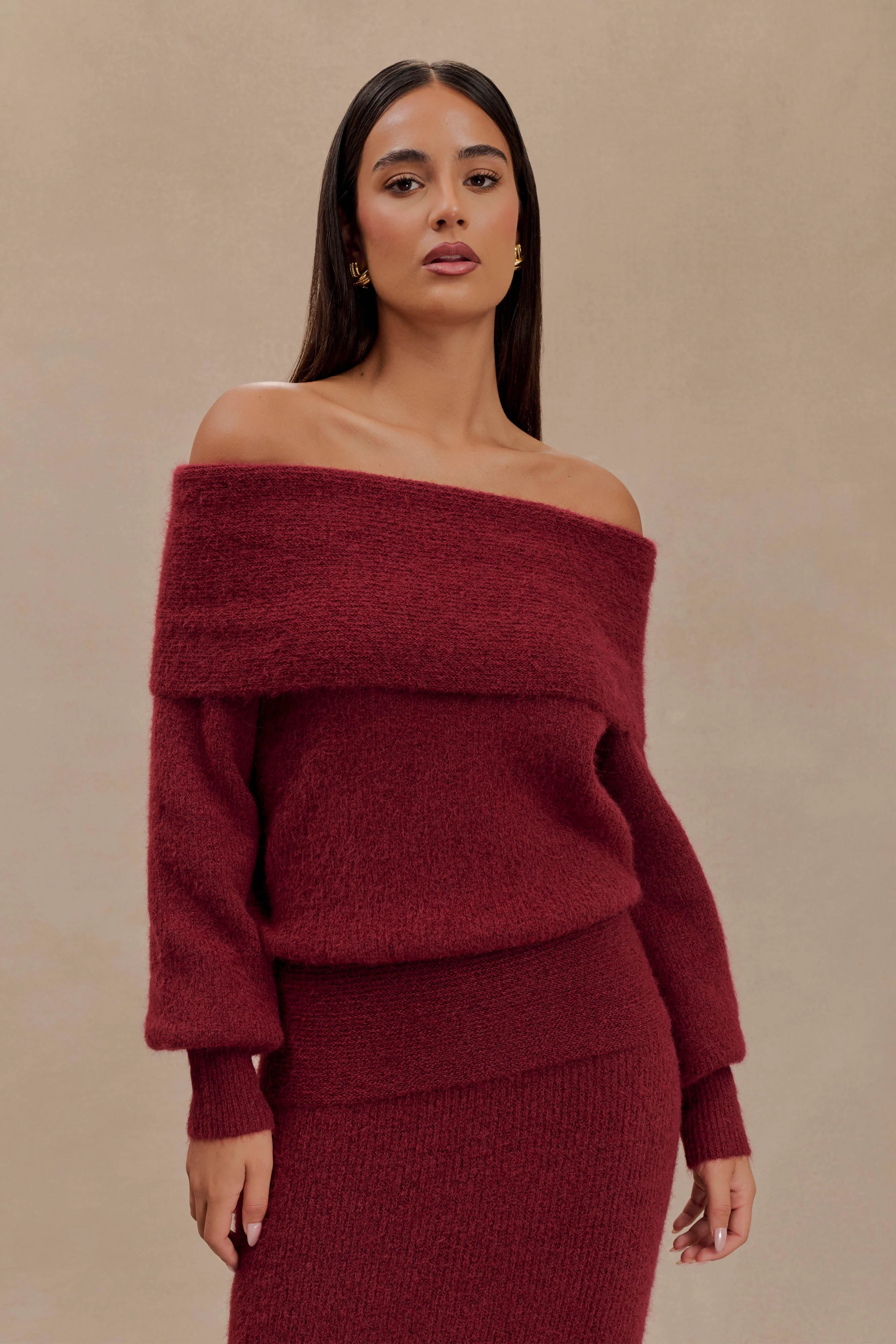 Charlotte Off Shoulder Knit Long Sleeve Top - Merlot | MESHKI US
