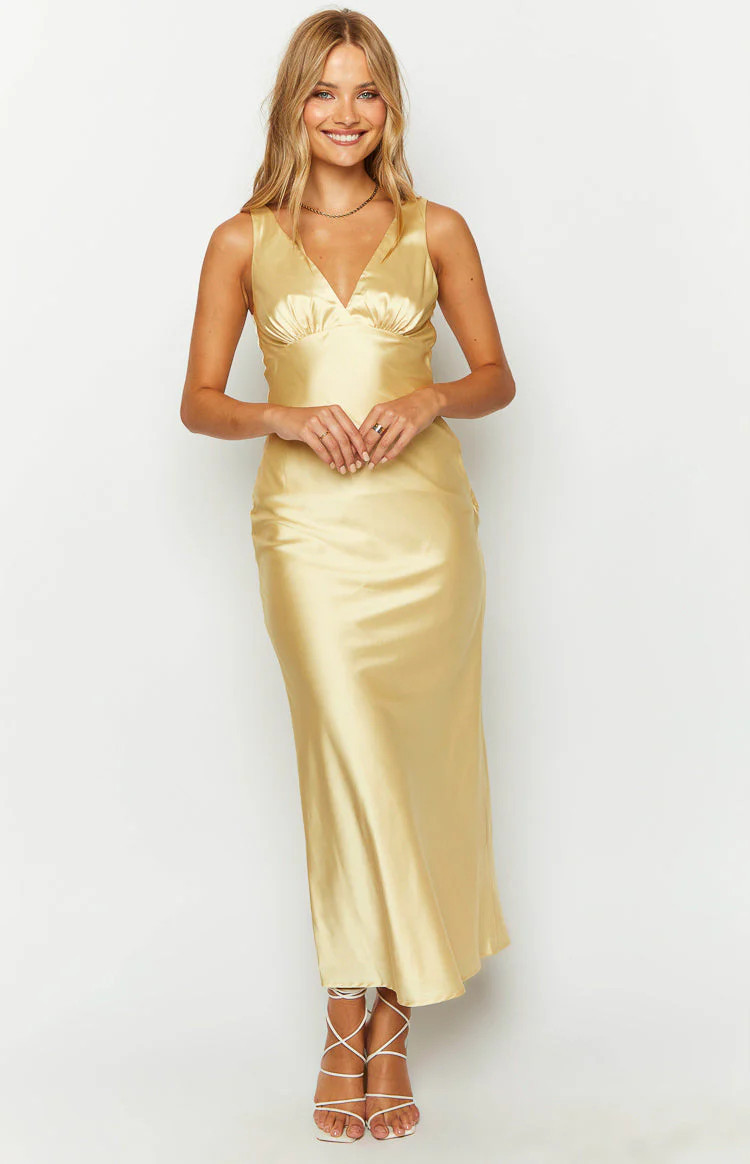 Verlaine Yellow Satin Maxi Dress | Beginning Boutique (US)