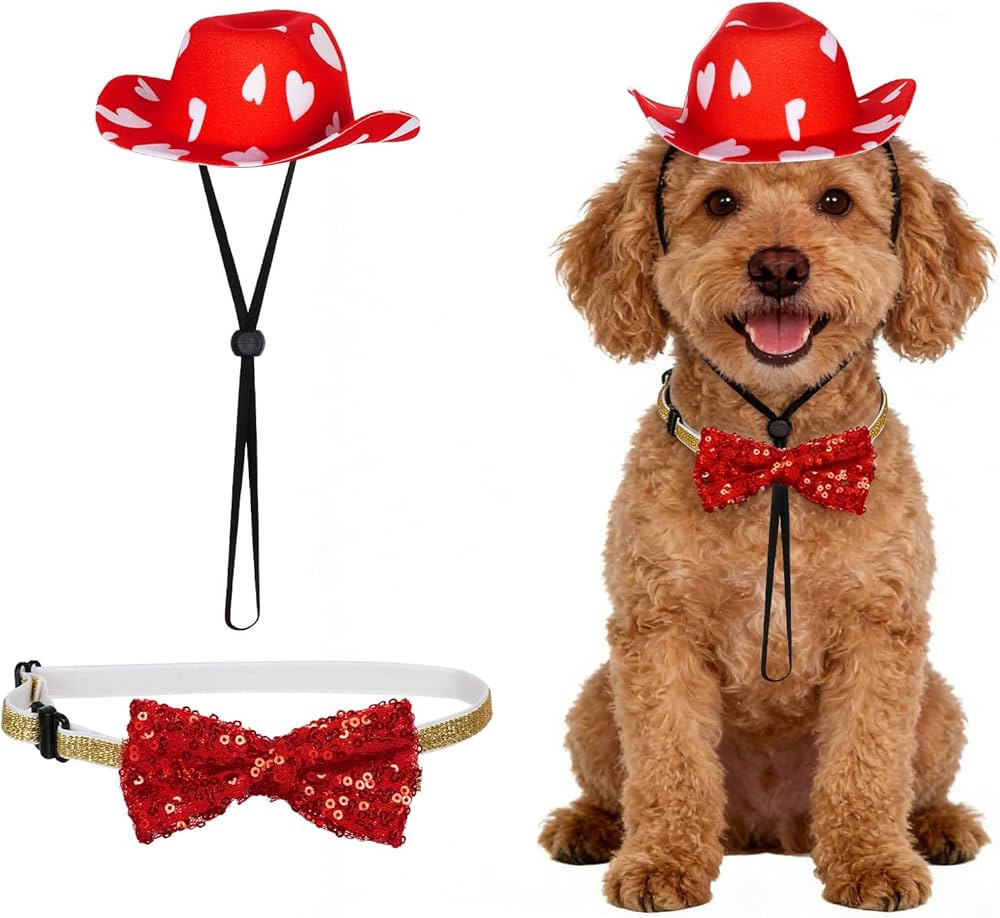Valentine’s Day Cowboy Costume for Small Dog Cat Pet Cowboy Hat with Sequins Bowtie Collar for ... | Amazon (US)