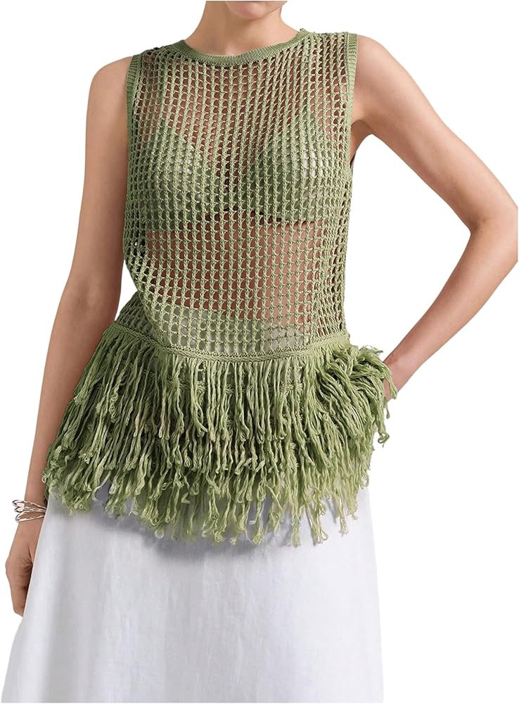 Milumia Women's Hollow Out Fringe Knitted Tank Top Sexy Sheer Sleeveless Long Sweater Vests | Amazon (US)
