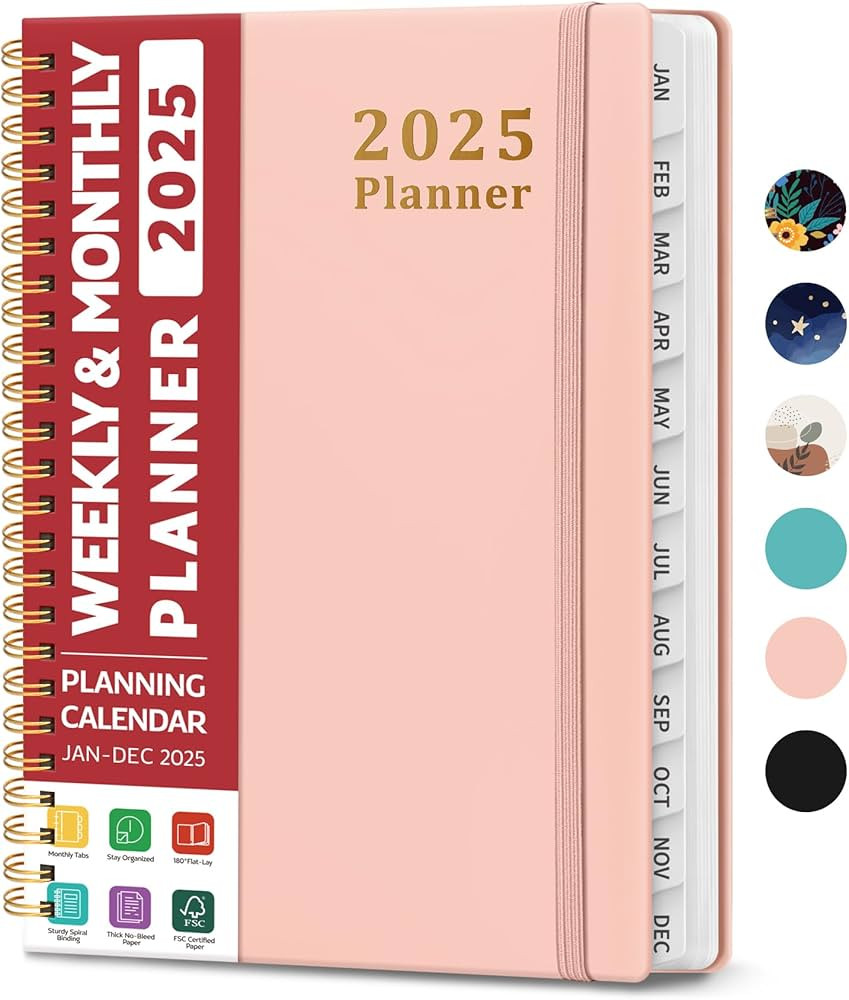 2025 Planner - Weekly and Monthly Planner Spiral Bound, January 2025 - December 2025, Hardcover 2025 Calendar Planner Book with Tabs, Inner Pocket, Perfect for Office Home School Supplies - A5 (6.3" x 8.5"), Pink | Amazon (US)