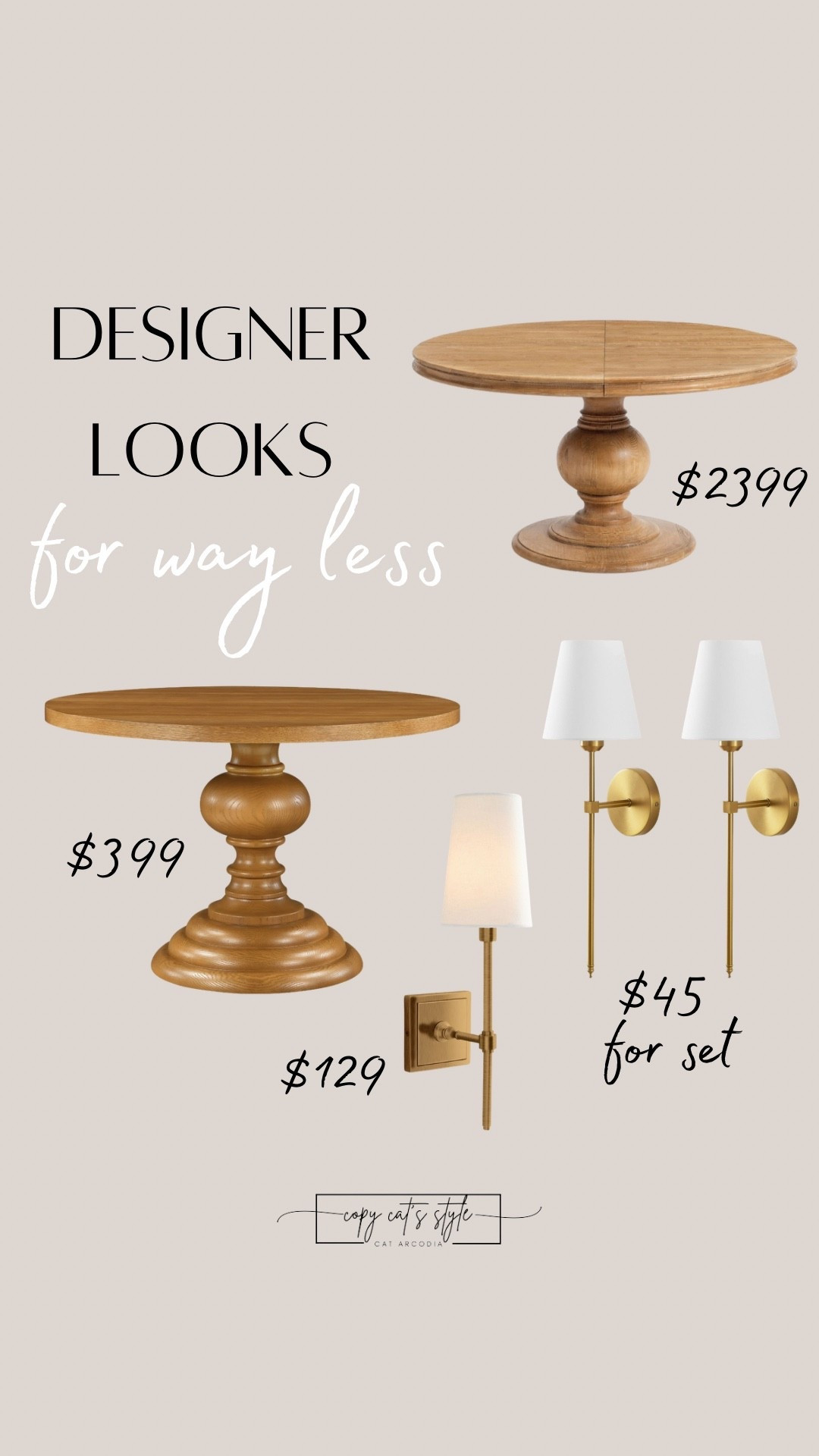 These designer looks for less are so good. Pottery barn tables, sconces. Walmart tables, sconces.