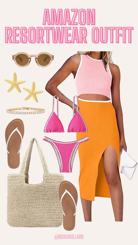Amazon resort style | Amazon beach day outfit | Amazon colorblock dress | Amazon swim | Amazon pink bikini | Amazon white flip flops | Amazon straw tote | Amazon gold starfish earrings 

#LTKStyleTip #LTKSwim #LTKSeasonal