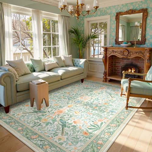 Morebes Sage Green Washable Area Rugs 5x7, Botanical Living Room Rug Non Slip, Soft Low Pile Flower Kids Rugs for Bedroon Indoor Floor Throw Carpet for Dining Dorm Nursery Playroom | Amazon (US)