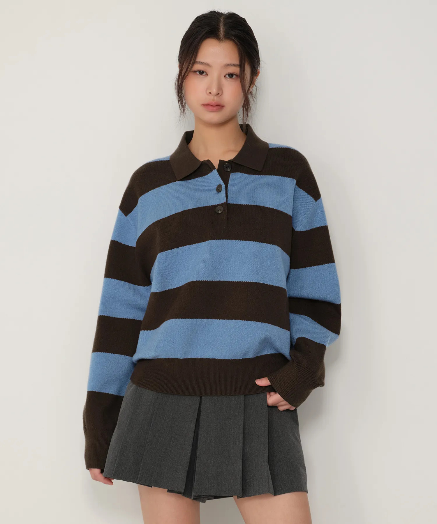 MUSINSA | MUSINSA STANDARD WOMAN Women's Bold Striped Collared Knit [Blue] | Musinsa Global