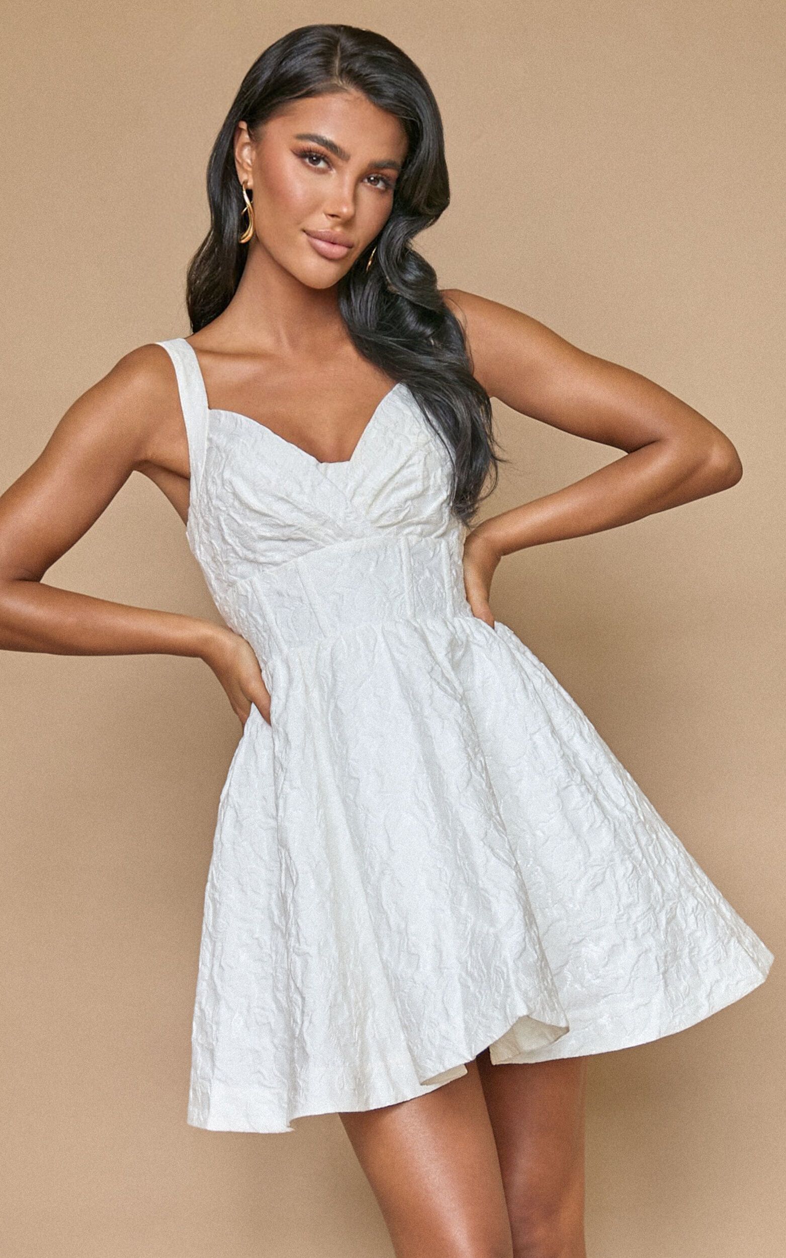 Cate Mini Dress - Sweetheart Pleated Bust Fit & Flare Dress in White | Showpo (US, UK & Europe)