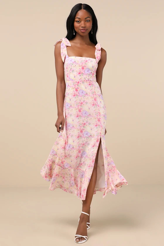 Summer Invite Pink Multi Floral Tie-Strap Tiered Midi Dress | Lulus
