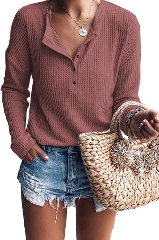 Famulily Women's Waffle Knit Tunic Tops Loose Long Sleeve Button Up V Neck Henley Shirts | Amazon (US)