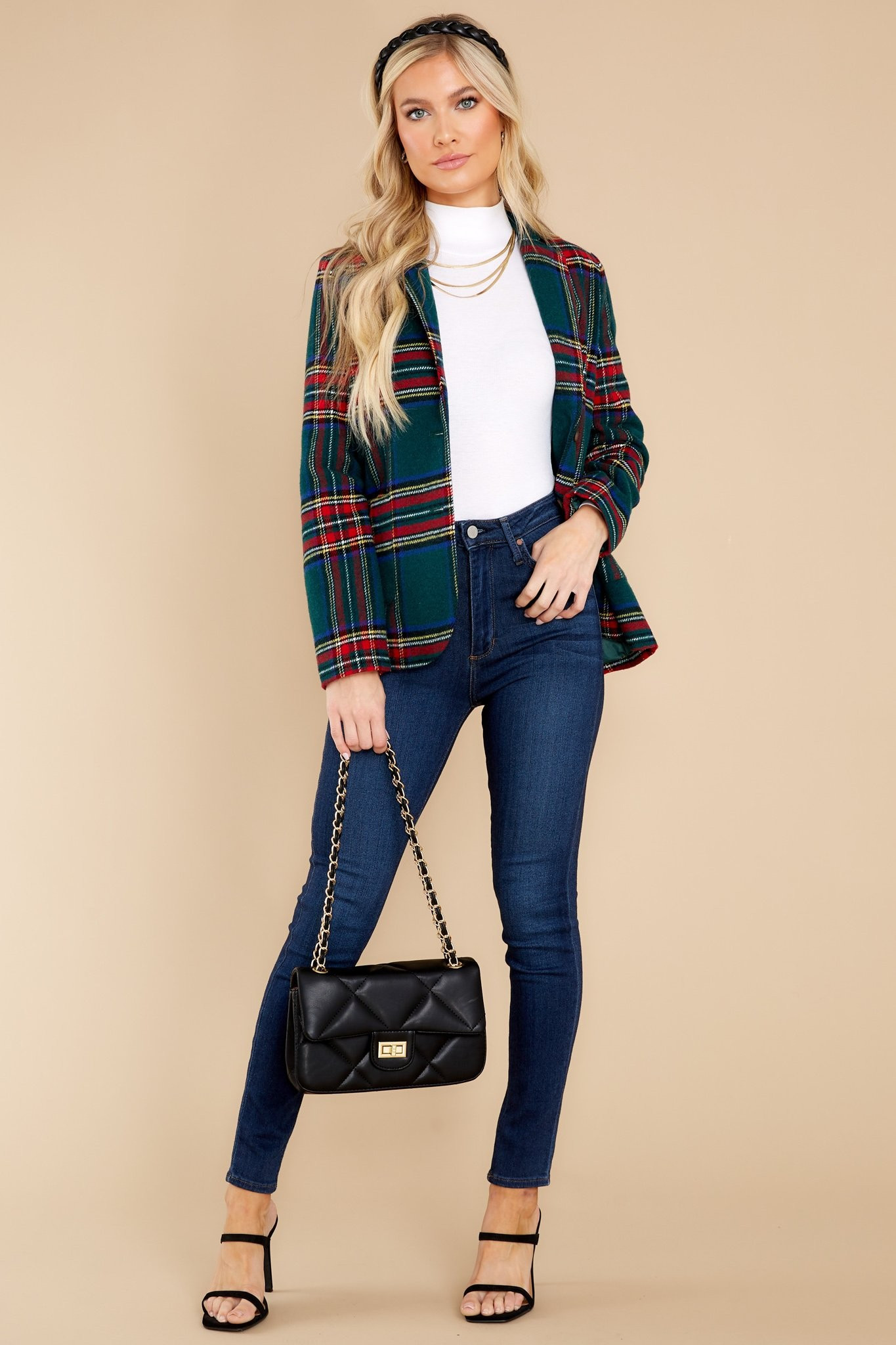 Dressed In Time Green Plaid Blazer | Red Dress 