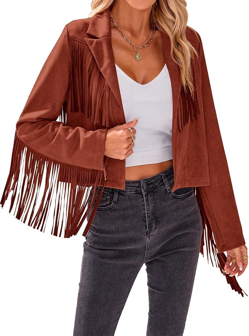 BTFBM Women Fashion Cropped Tassel Fringe Faux Suede Leather Jacket Fall Winter Long Sleeve Lapel... | Amazon (US)