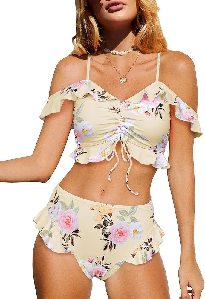 Saodimallsu Womens High Waisted Flounce 2 Piece Swimsuits Sexy Tie Front Lace up Retro Bikini Set... | Amazon (US)