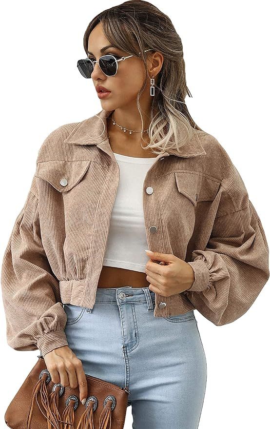 Qiaomai Womens Casual Corduroy Jacket Loose Button Up Puff Sleeve Cropped Solid Jacket Coat | Amazon (US)