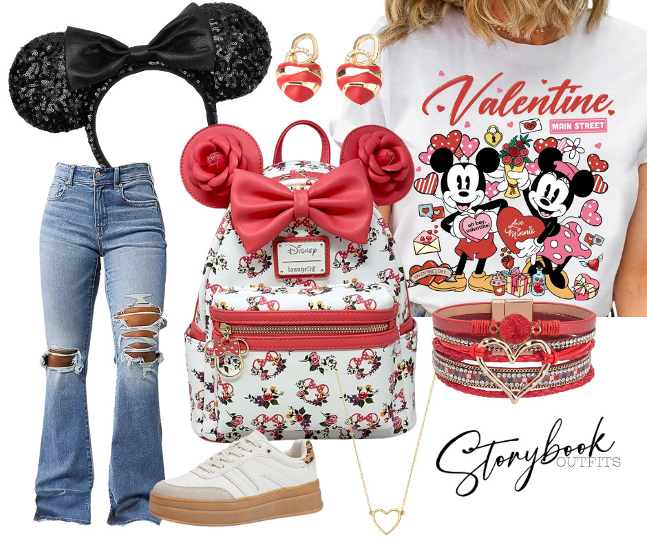 Say hello to Valentine on Main Street — the sweetest Disney date-night outfit ❤️🎀

Valentine Minnie tee, black sequin ears, floral bow Loungefly, heart jewels, ripped denim + comfy platform sneakers… this Storybook Outfit is perfect for February Disney park trips! 

 #LTKTravel