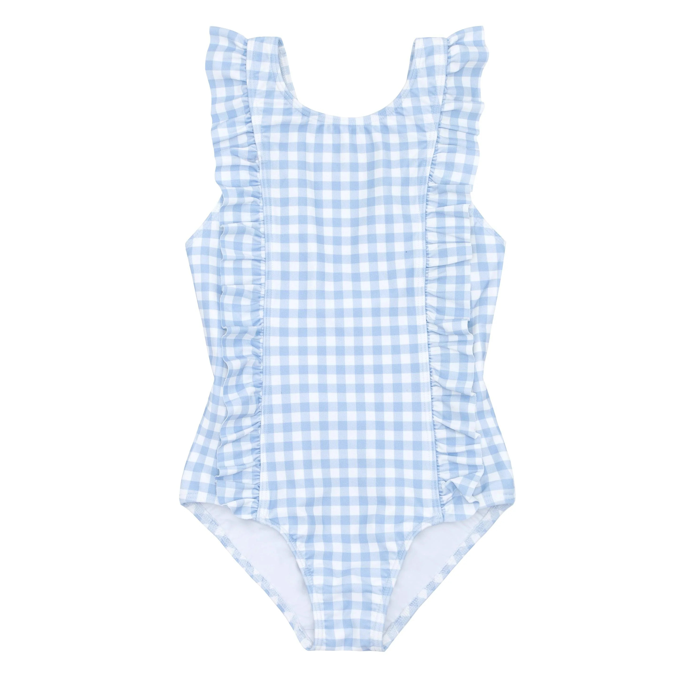 girls oasis blue gingham ruffle one piece | minnow