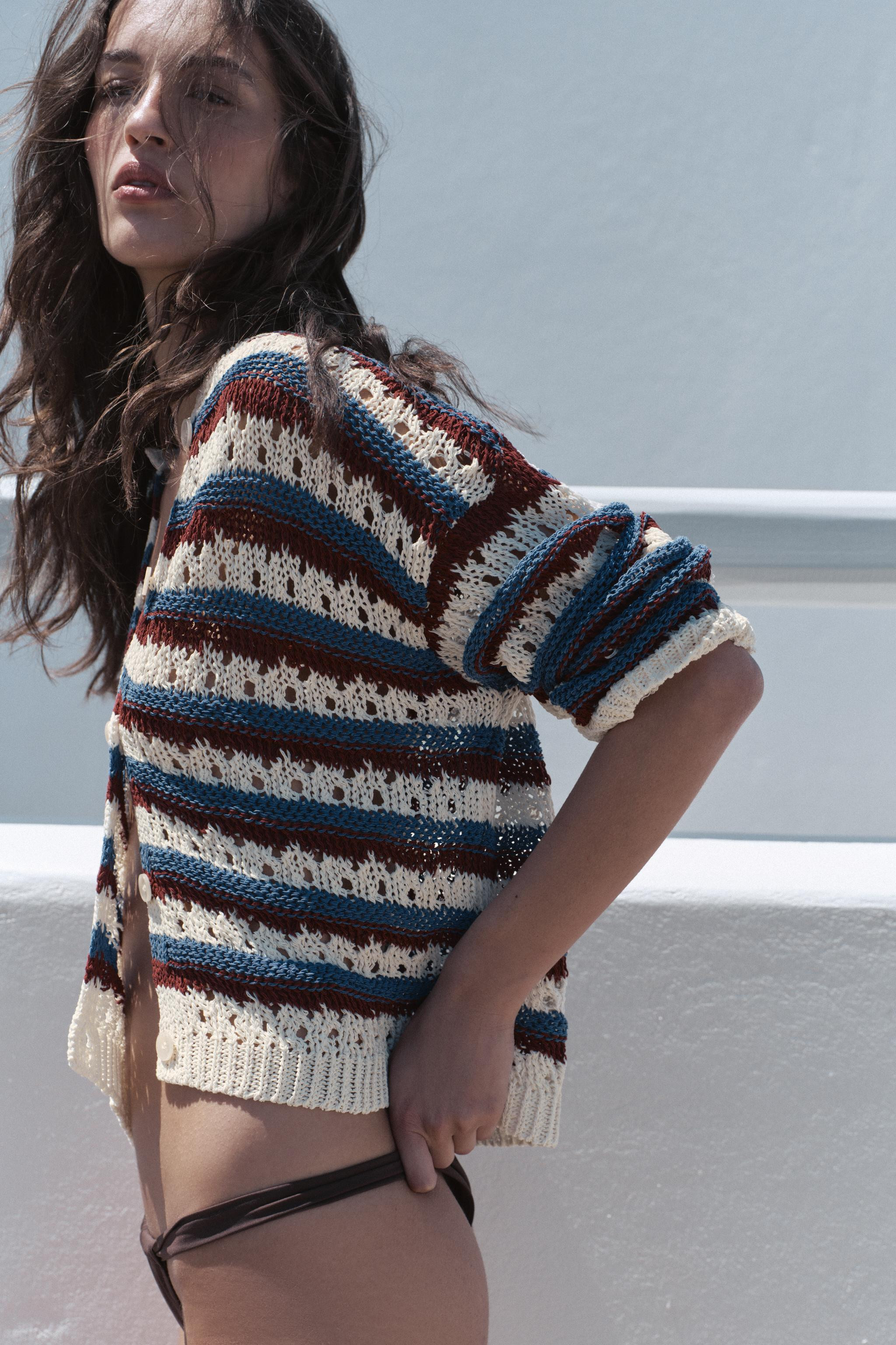 STRIPED CUTWORK KNIT CARDIGAN | Zara UK