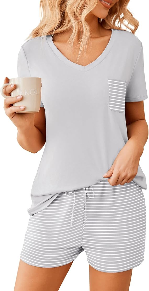 Ekouaer Womens Pajama Sets Short Sleeve Pajamas for Women Sets Soft Lounge Sets Casual V Neck Sle... | Amazon (US)