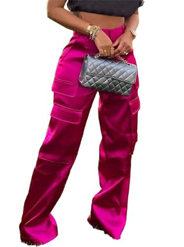 NRTHYE Women High Waisted Satin Cargo Pants Wide Leg Casual Pants Multi Pockets Straight Trousers | Amazon (US)