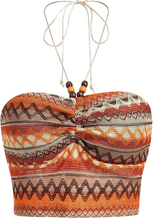 SHENHE Women's Ruched Beaded Halter Neck Backless Chevron Geo Print Boho Crop Top | Amazon (US)