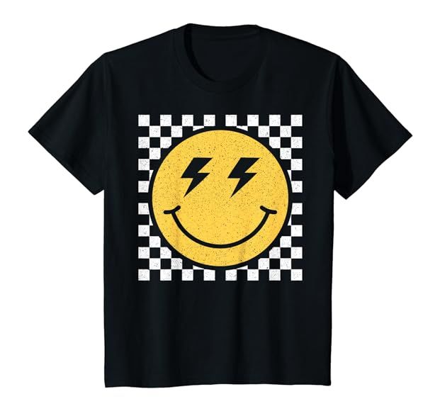 Retro Happy Face Checkered Pattern Smile Face Trendy Smiling T-Shirt | Amazon (US)