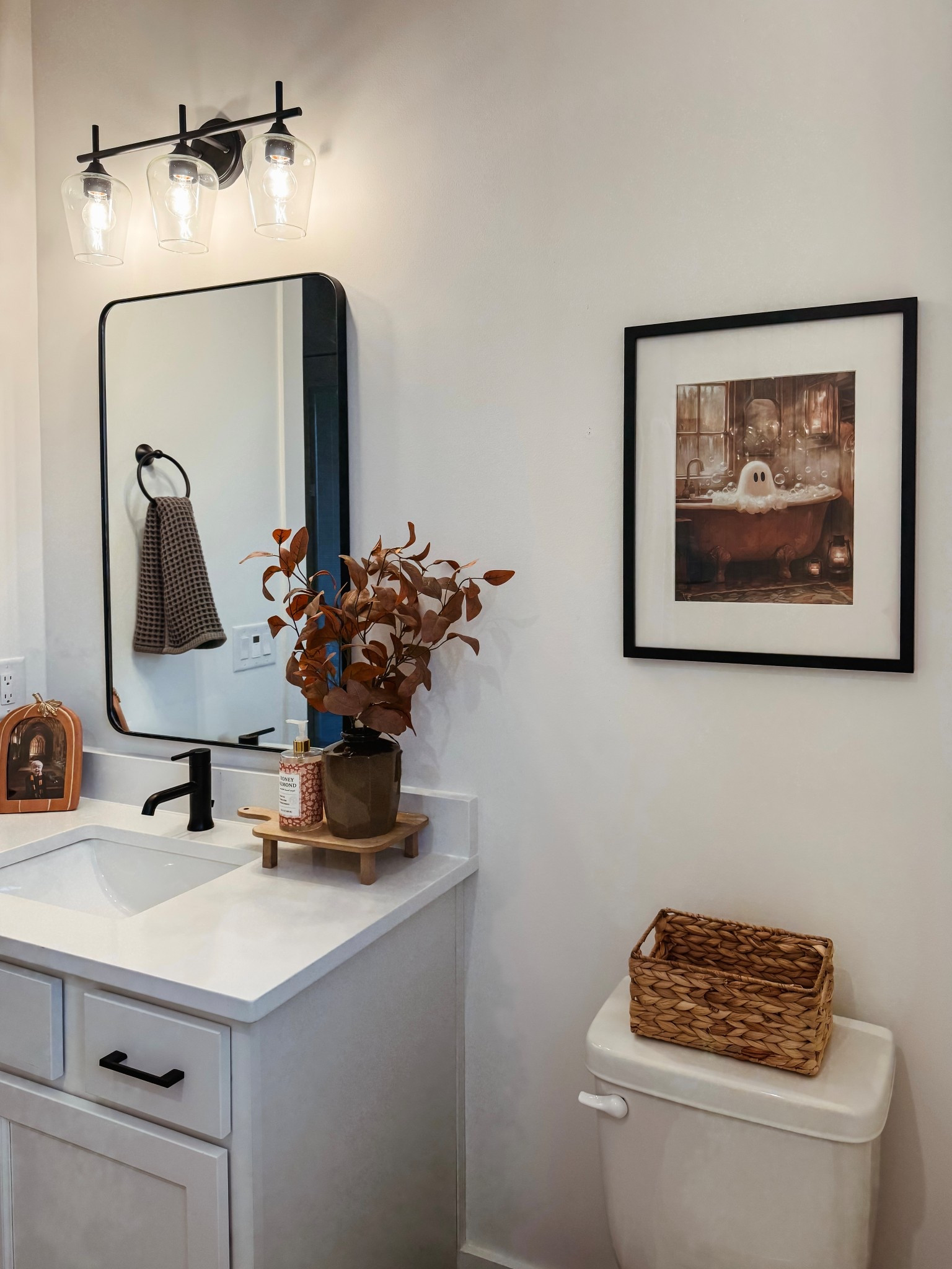 Fall Guest Bathroom Decor | Farmhouse Bathroom | Halloween Funny Ghost Bath Tub Print | Rusted Eucalyptus Faux Flower Arrangement | Wooden Bathroom Tray Stand | Woven Trashcan, Natural Weave Waste Basket | Woven Basket | Black & White Matted Frame | Fall Ghost Paintingg

#LTKHome #LTKSeasonal
