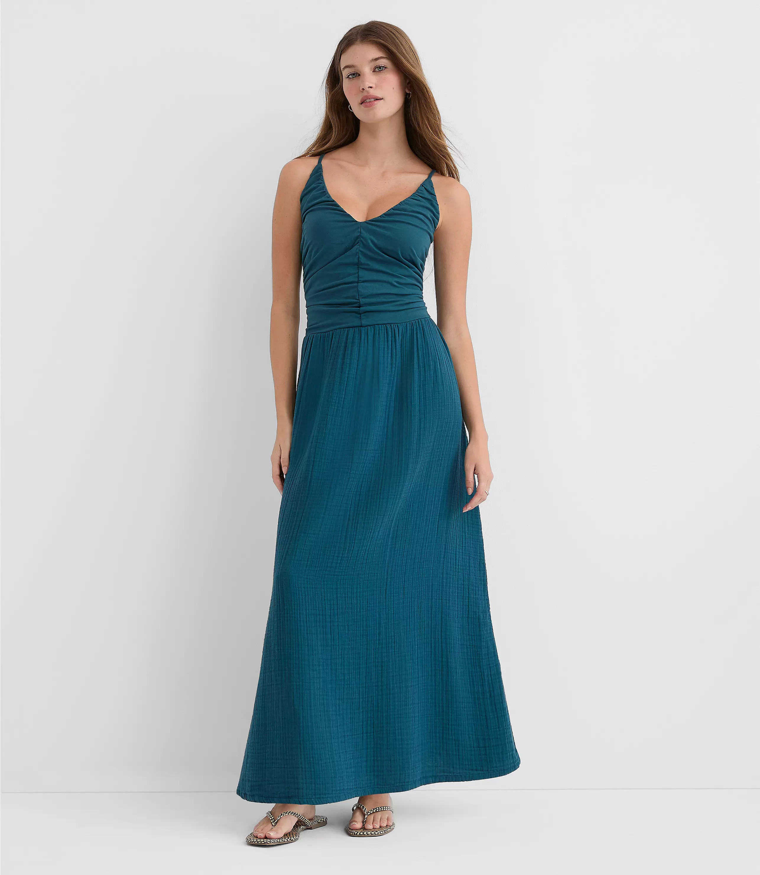 Petite LOFT Beach Triple Cloth Mixed Media Maxi Pocket Dress | LOFT