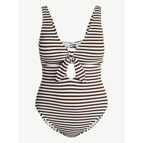 Time and Tru Women's and Women's Plus Size Crinkle Plunge Tie Front One Piece Swimsuit, Sizes XS-... | Walmart (US)