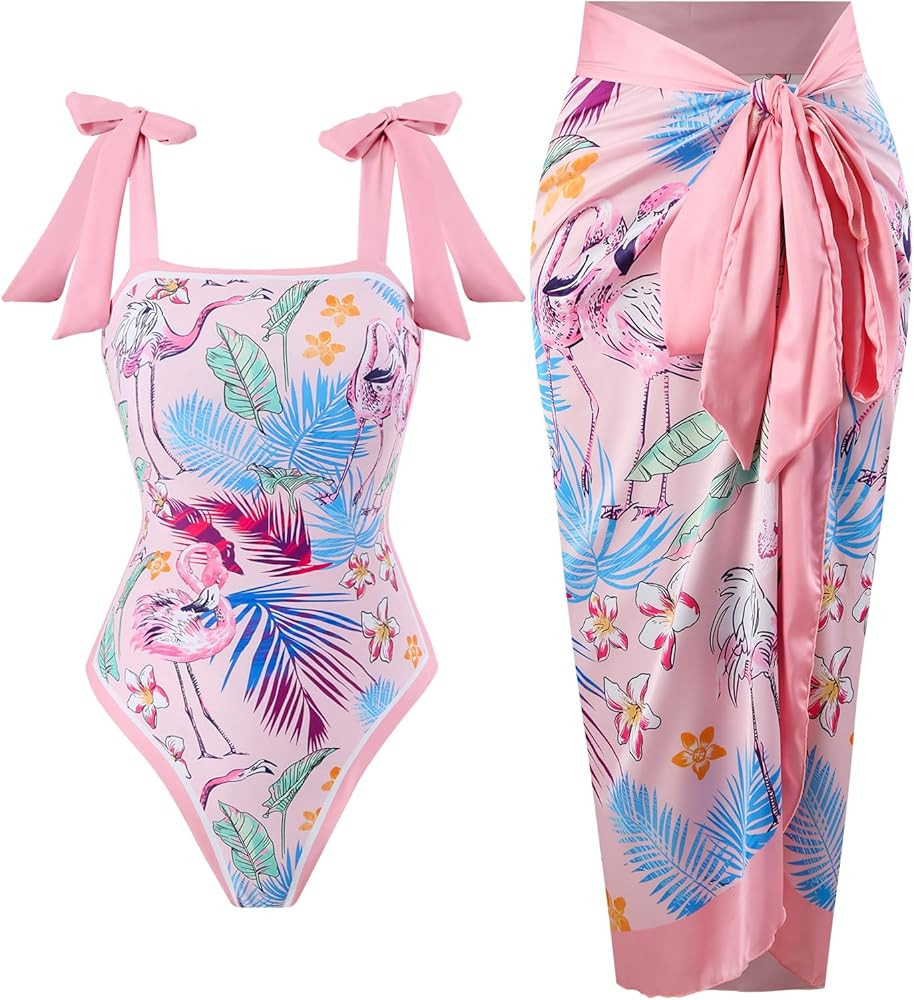 One Piece Bathing Suit for Women with Beach Cover up Wrap Skirt Swimsuit Sarong Retro Floral Prin... | Amazon (US)