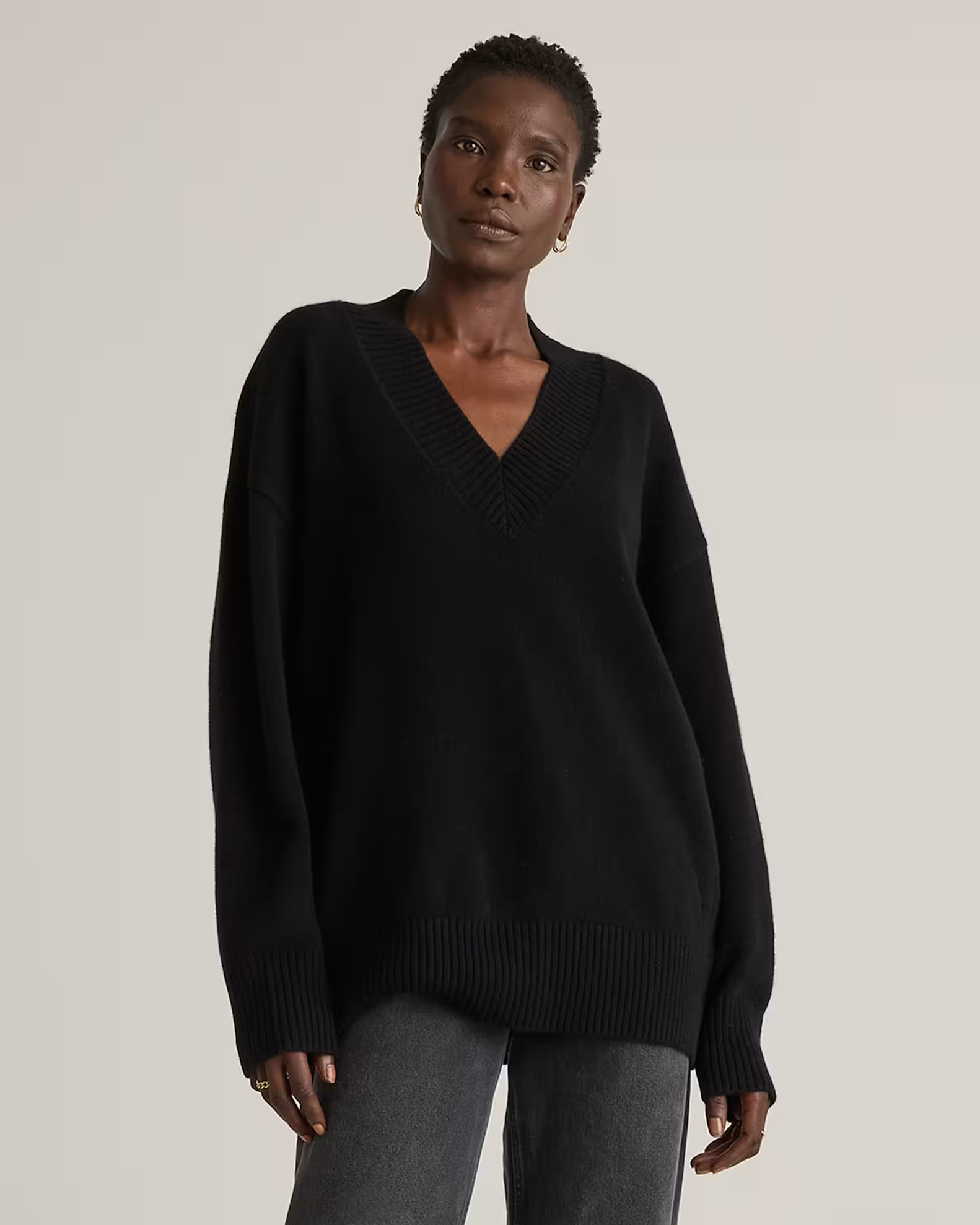 Mongolian Cashmere Oversized V-Neck Sweater	 in Black | Quince