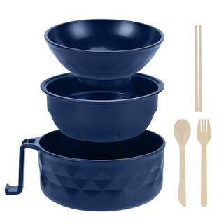 3-Piece Deep Blue PP Microwave Ramen Cooker Bowl Set with Chopsticks and Spoon, Kitchen Essential for Dorms | The Home Depot