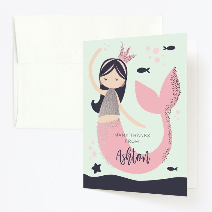 "Glitter Mermaid" - Customizable Foil-pressed Children's Birthday Party Thank You Cards in Pink b... | Minted