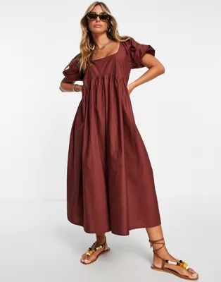 ASOS DESIGN cotton jumbo scallop puff sleeve smock midi dress in rust | ASOS (Global)