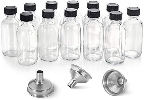 12 Pack, 2 oz Small Clear Glass Bottles with Lids & 3 Stainless Steel Funnels - 60ml Boston Round... | Amazon (US)