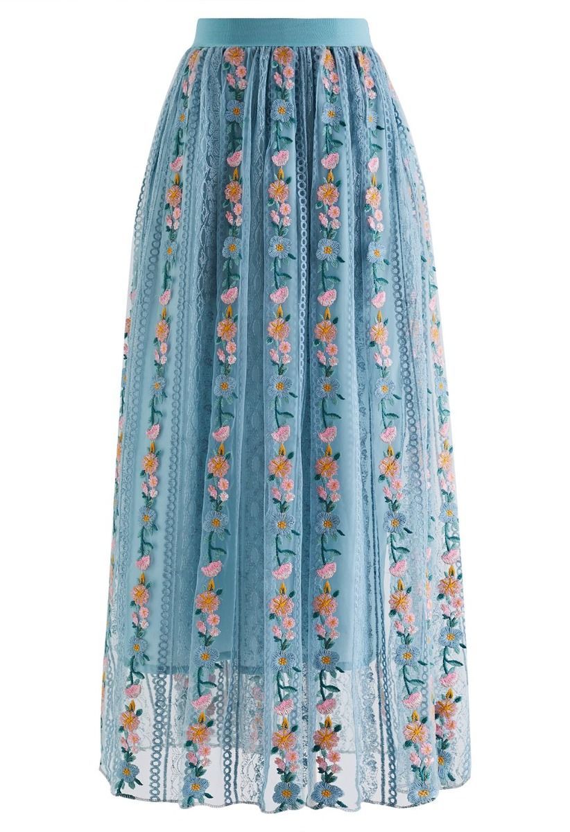 Flower Chain Embroidered Mesh Skirt in Dusty Blue | Chicwish