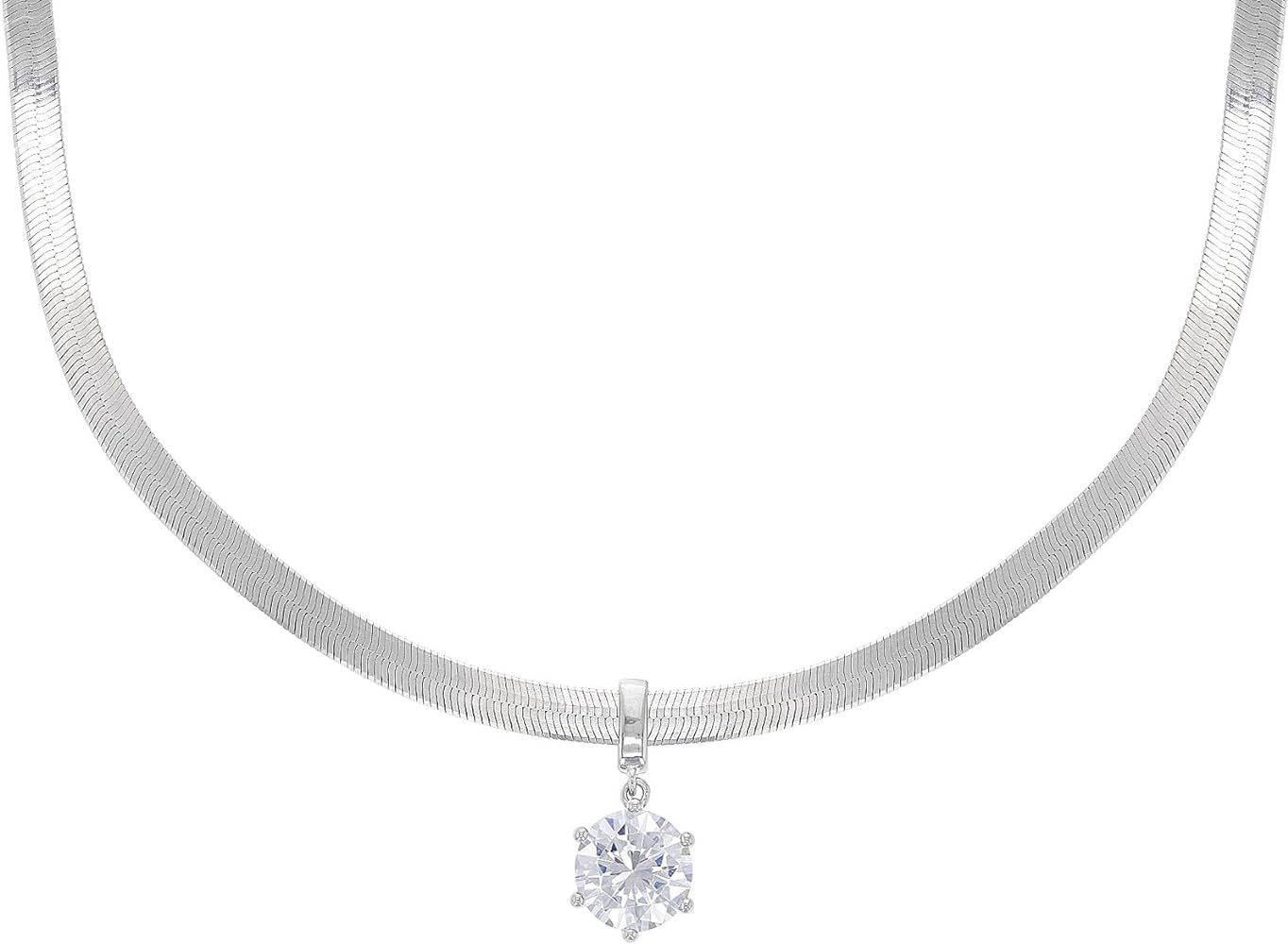 Cubic Zirconia Herringbone Necklace in Platinum-Plated Sterling Silver - Silver Necklace for Wome... | Amazon (US)