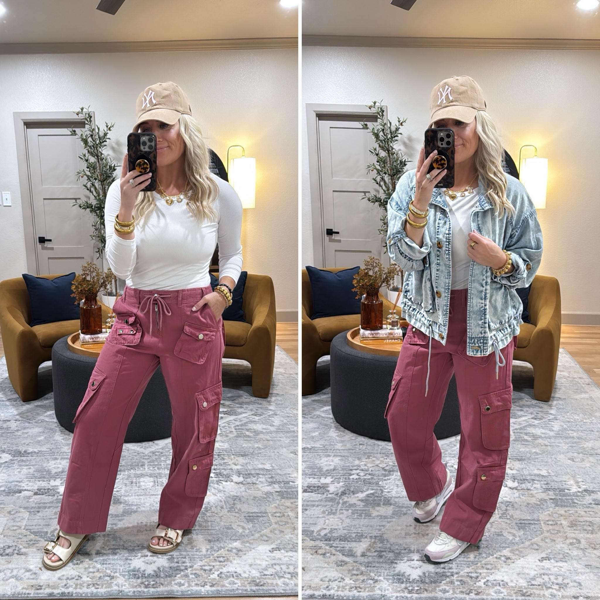 Amazon cargo pants - medium 
Blanknyc denim jacket - small 
Ribbed long sleeve - small 

#LTKSeasonal #LTKStyleTip #LTKTravel