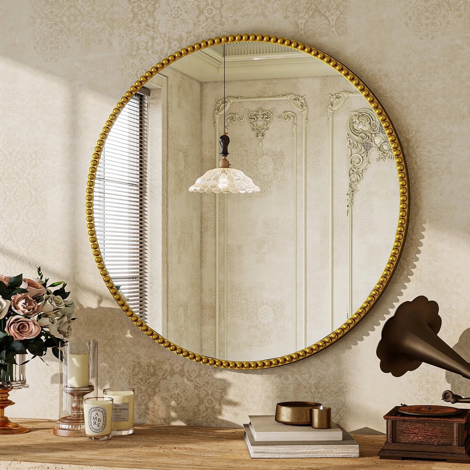 BEAUTYPEAK 24" Round Bathroom Mirror Vanity Mirror Wall Mounted With Beaded Frame,Gold | Walmart (US)