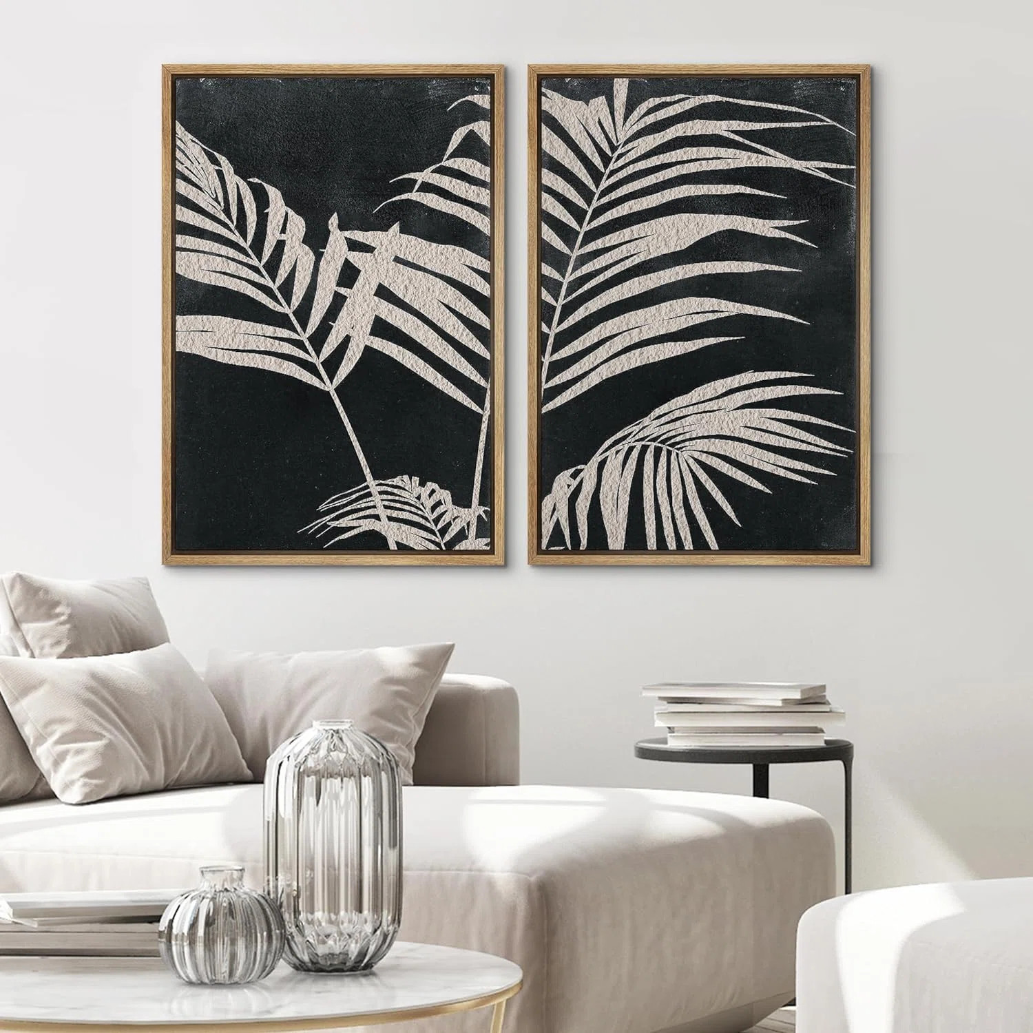 Black White Palm Tree Leaf Minimalist Artwork Neutral Decor Framed Canvas 2 Pieces Print Wall Art | Wayfair North America