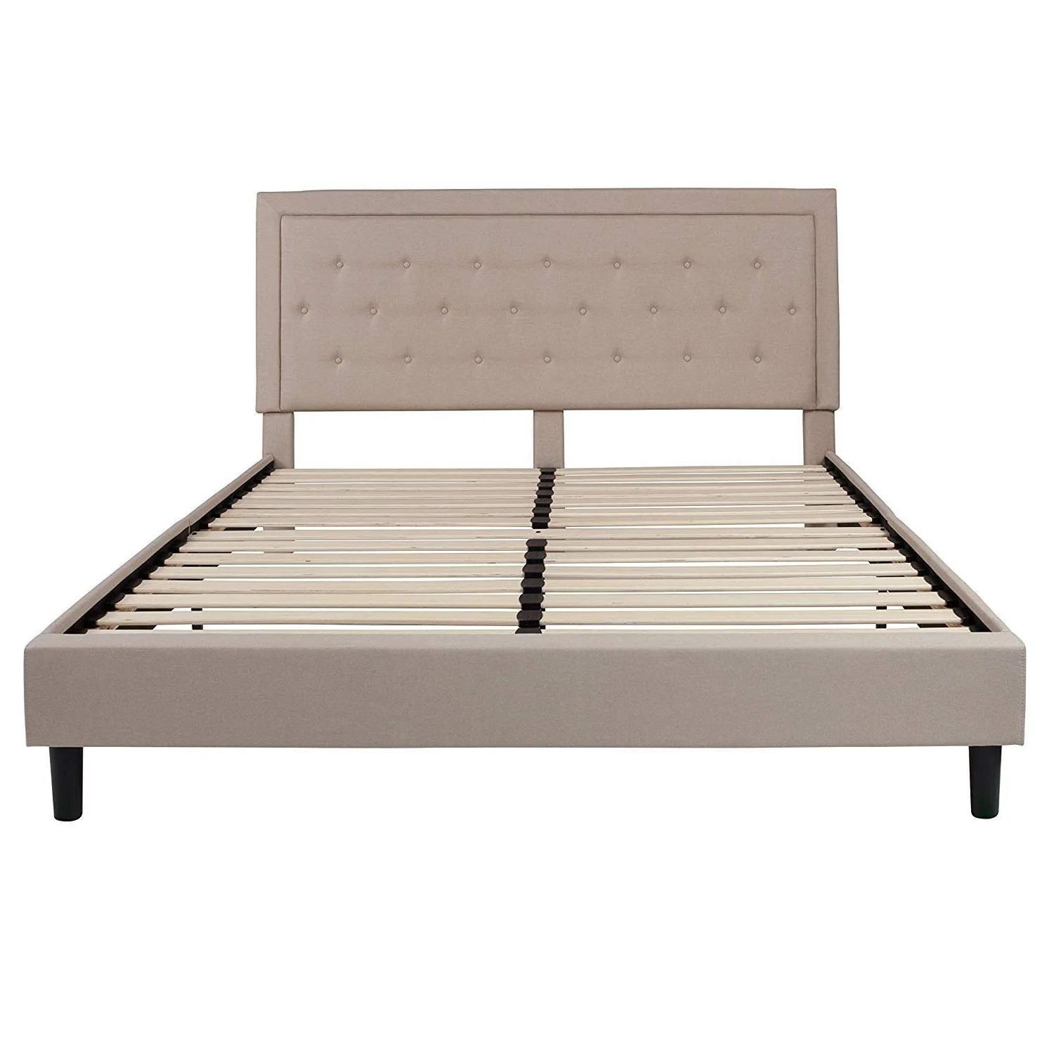 King Beige Upholstered Platform Bed Frame with Button Tufted Headboard | Shop Simon