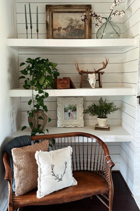 Living room shelving decor is my love language 🤍 one of a kind finds with house plants, faux plants, chippy old finds, lanterns, antlers and wooden accents  

#LTKhome #LTKfindsunder50 #LTKSeasonal