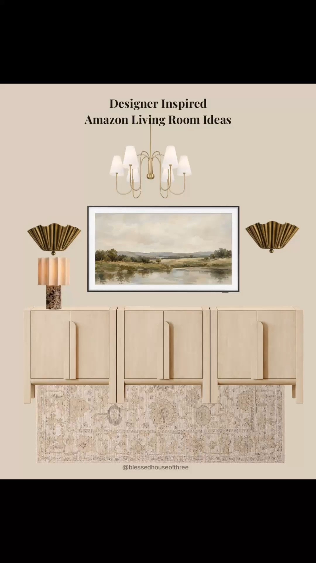 Designer-inspired Amazon living room ideas that look high-end without the designer price tag! These gorgeous Amazon home finds are perfect for creating a warm, neutral living room with an elevated organic modern aesthetic.

I’m loving these light wood cabinets, arched display cabinets, neutral vintage-inspired area rugs, elegant brass chandeliers, gold wall sconces, and beautiful landscape art for a Frame TV. Each living room combination brings together timeless furniture, soft neutral tones, warm wood finishes, and sophisticated lighting for a designer-inspired look.

Whether you’re decorating a new home, updating your living room TV wall, styling a long console cabinet, or looking for affordable luxury home decor, these Amazon furniture and decor ideas make it easy to create a cohesive space.

Save these neutral living room ideas for your next home refresh and shop my favorite designer-inspired Amazon home finds!

#AmazonHomeDecor #LivingRoomIdeas #NeutralHomeDecor #OrganicModernHome #DesignerInspiredDecor