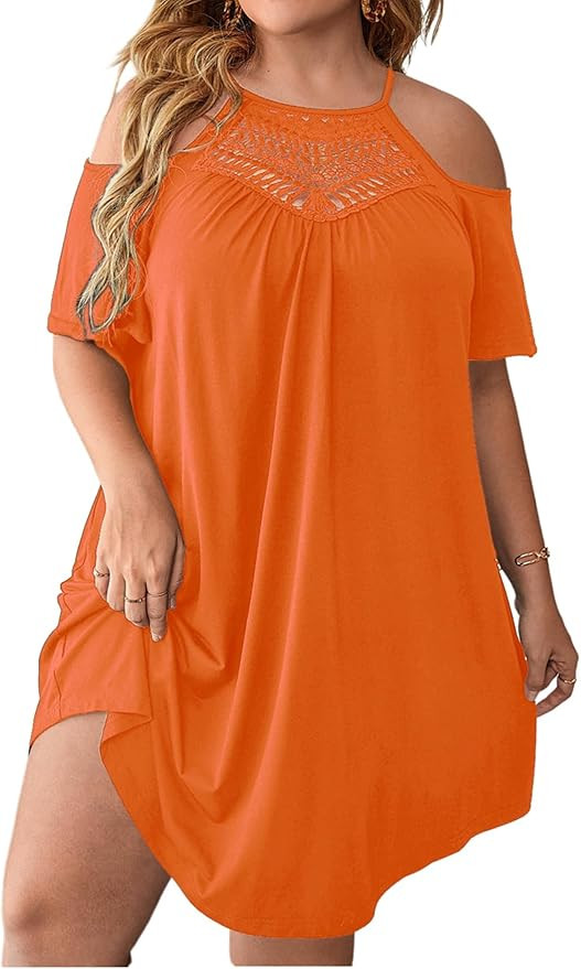 Verdusa Women's Plus Size Dresses Summer Contrast Lace Cold Shoulder Short Sleeve Loose Casual T ... | Amazon (US)