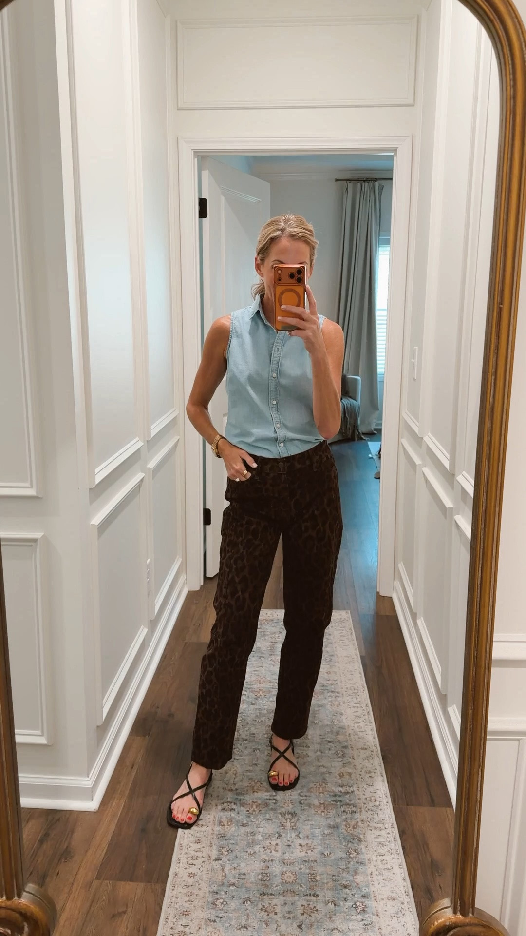 These new Scenario leopard pants from Walmart are such a fun fall statement piece, paired with my tried-and-true J.Crew Factory chambray button-down and easy Walmart sandals. This is exactly the kind of outfit I love: comfortable, polished, affordable, and easy enough for everyday wear.

Perfect fall workwear, teacher outfit, casual office style, over 40 fashion, over 50 style, Walmart fashion, leopard print pants, chambray shirt outfit and an easy transitional fall outfit.