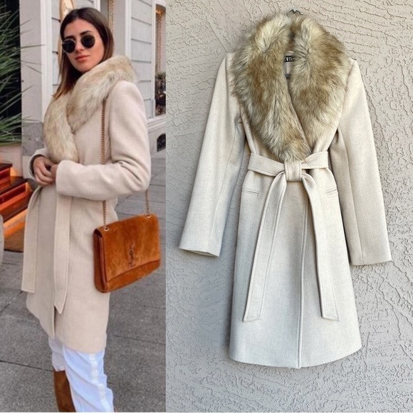 ZARA BLOGGER Beige Sand Belted Wool Trench Coat w Detachable Faux Fur Collar S | Poshmark
