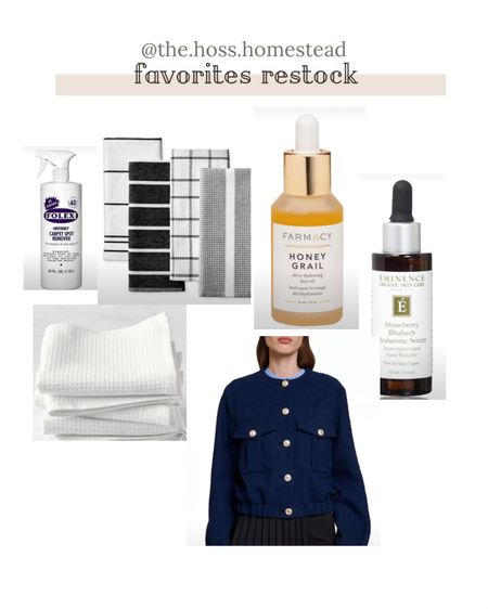 Favorite restock + one splurge:
- the most hydrating face oil 
- the best scented hylaronic acid 
- the most absorbent and long-lasting dish towels
- my cleaning bff

And the splurge is this lady jacket on sale! I rented it from RTR and wore it so many times and received so many compliments.  Couldn’t pass this up as a closet staple! 

#LTKover40 #LTKhome