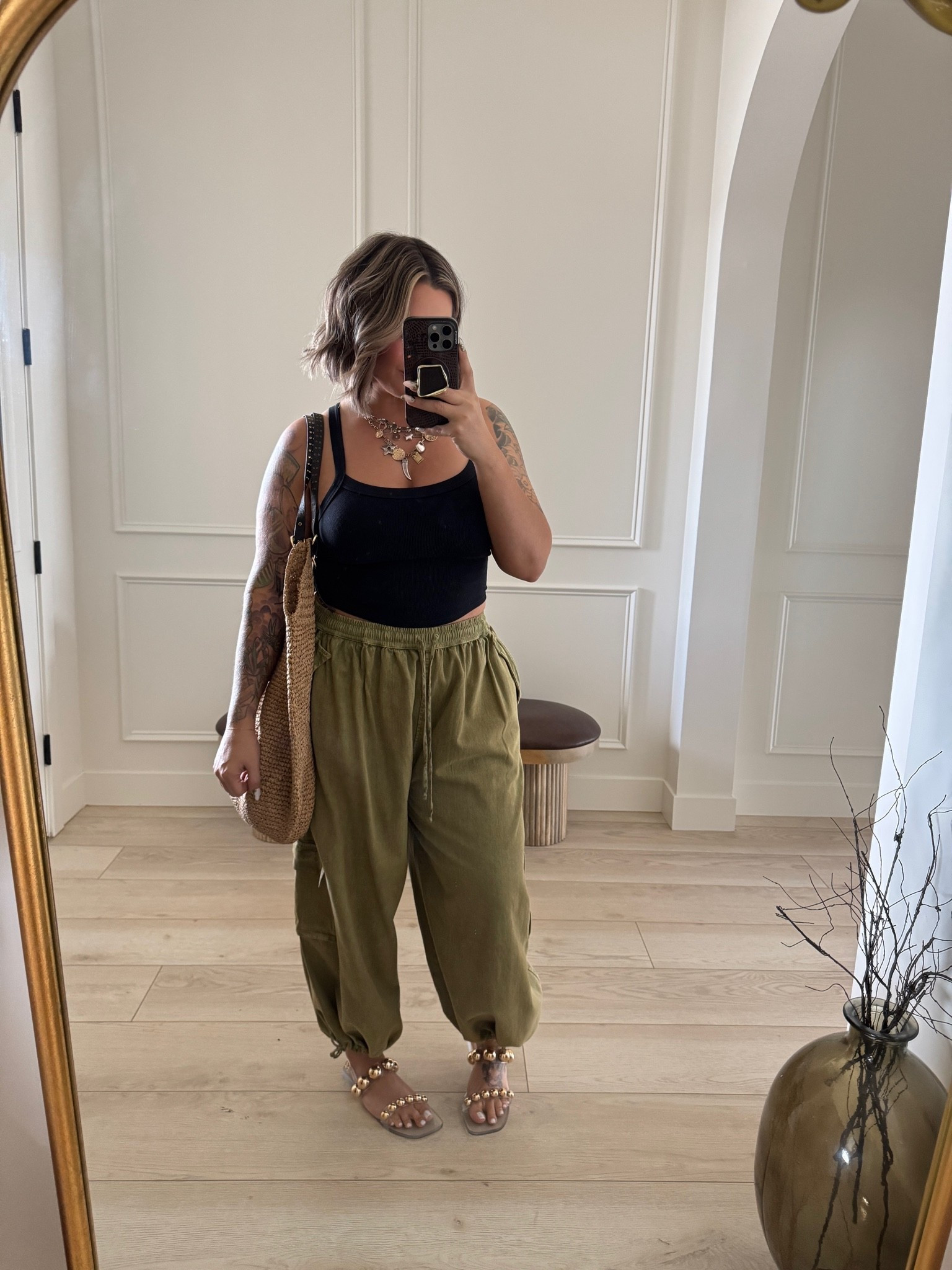 Top M/L 
Pants L 
Sandals size up