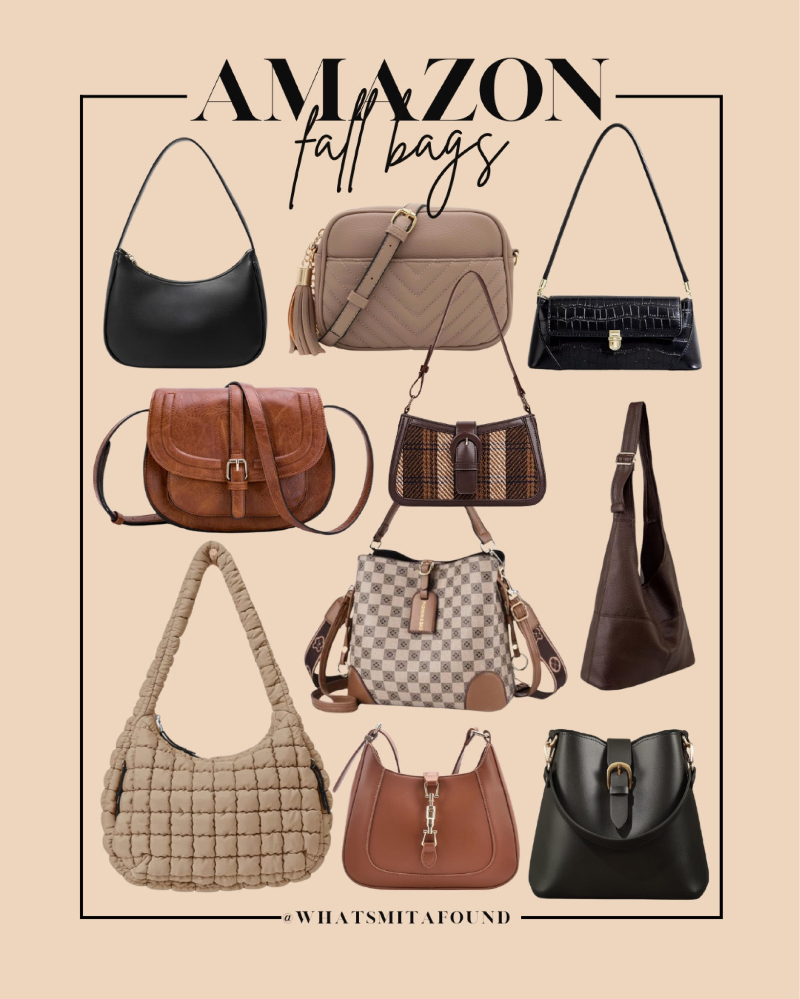 Amazon fall bags! Affordable purse, fall purse, trendy purse, crossbody purse, shoulder bag, black purse, black bag, tan purse, tan bag, beige purse, beige bag, checkered purse, checkered bag, quilted purse, quilted bag, tote bag, saddle bag, baguette bag, camera bag

#LTKSeasonal #LTKFindsUnder50 #LTKItBag