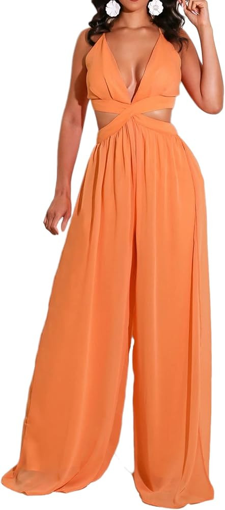 Choichic Women's Halter Neck Backless Loose Chiffon One Piece Wide Leg Jumpsuit Overalls Full Length | Amazon (US)