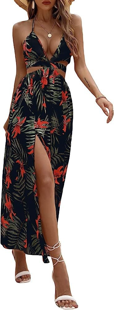 MakeMeChic Women's Black Floral Dress Black Cut Out Maxi Dress Red Floral Dress Wedding Guest Dress | Amazon (US)